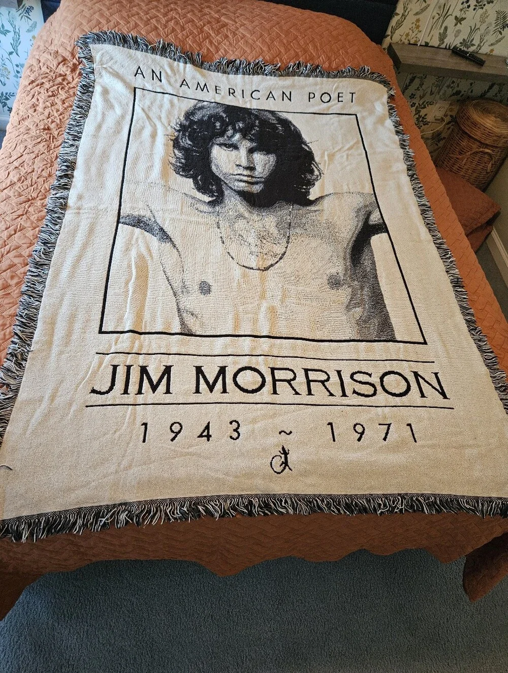 Jim Morrison VTG 90s Doors American Poet Lizard Woven Blanket Tapestry RARE